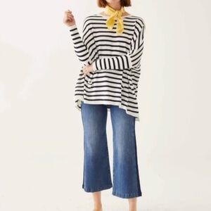Mersea Striped Slouchy Pocket Preppy Nautical Coastal Fisherman Sweater One Size